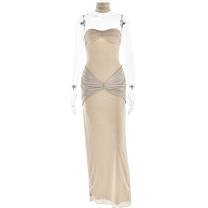Abito lungo a sirena senza spalline oro champagne glitterato con girocollo coordinato