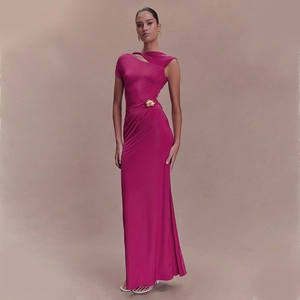 Women Sexy Backless Ruched Maxi Dress One Shoulder Hollow Out Evening Party Formal Dress With Metal Flower Brooch