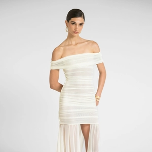 Elegant white strapless bodycon dress with layered pleated design and sheer mesh overlay