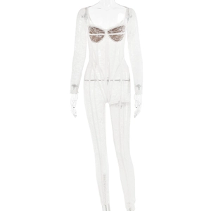 Mono elegante de encaje floral blanco con manga larga y detalles de malla transparente
