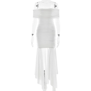 Sleeveless white bodycon dress with elegant ruched details and mesh hem for women