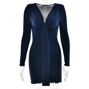 Slim fit dark blue long sleeve mini dress with deep V-neck and ruched details