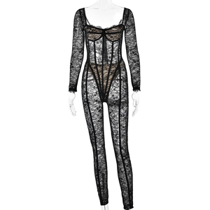 Mono sexy negro de manga larga en encaje transparente con diseño de corsé y patrón floral