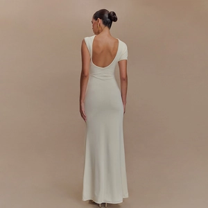 Elegant backless slim fit cream maxi dress with short sleeves for formal evening events