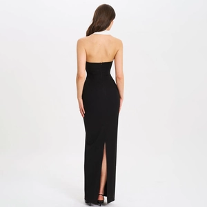 Elegant halter neck backless black maxi dress with white collar and back slit detail