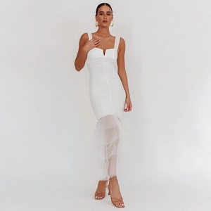 Elegant white sleeveless bodycon dress with pleated fabric and tiered tulle mermaid hem
