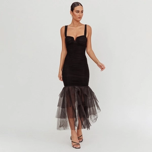 Sleeveless black ruched bodycon mermaid dress with sweetheart neckline and mesh hem