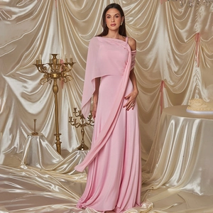 Elegant Solid Color Maxi Evening Gown With Asymmetrical Shawl High Waist Sleeveless Polyester Chiffon Formal Dress For Women