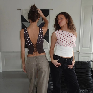Chic polka dot slim fit crop top featuring sexy backless lace-up and one-shoulder designs