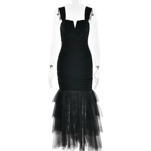 Sexy black bodycon spaghetti strap dress with ruffled details and mesh mermaid hemline