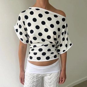 Women's Sexy Off Shoulder Polka Dot T-Shirt Short Sleeve Slim Fit Polyester Blend Summer Top Streetwear Fashion