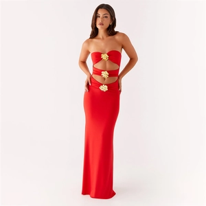 Vestido Maxi Sexy para Mujer Sin Tirantes Espalda Descubierta Calado Con Flor de Metal Ajustado Bodycon Fiesta Club