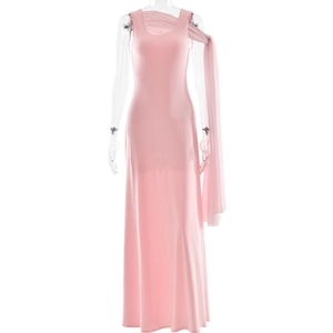 Elegant pink sleeveless maxi evening dress with a sheer ribbon detail and slim fit cut