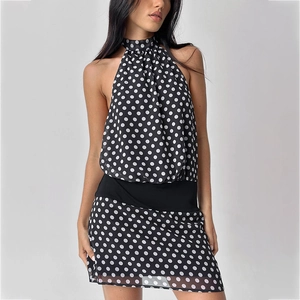 Robe Courte Sexy Licou Dos Nu à Pois pour Femmes Été Vintage Taille Haute Sans Manches Robe de Soirée