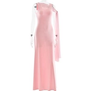 Detail of elegant pink sleeveless evening gown featuring soft mesh drapes at the shoulder