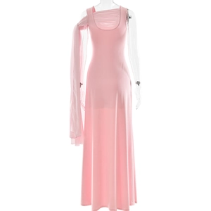 Detail of pink sleeveless evening dress featuring a flowing shoulder scarf accessory