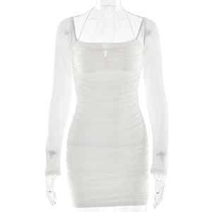 Slim fit white long sleeve ruched bodycon mini dress with square neckline design
