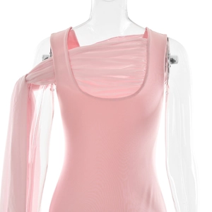 Detail of pink sleeveless dress neckline with mesh pleats and elegant shoulder ribbons