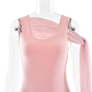 Detailed view of pink pleated sleeveless neckline with long elegant flowing ribbons