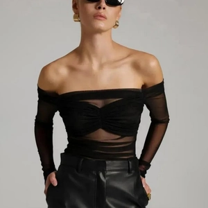 Women Sexy Off Shoulder Mesh Ruched Long Sleeve T-Shirt Sheer Pleated Streetwear Top Solid Color Slim Fit Clubwear
