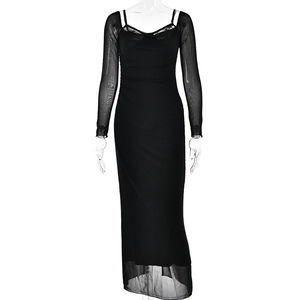 Slim fit black evening maxi dress with sheer mesh long sleeves and lace neckline detail