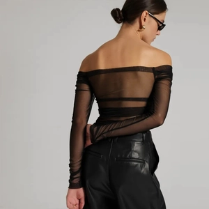 Sexy black mesh off-shoulder long sleeve top with stylish faux leather high waist pants