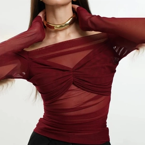 Sexy dark red mesh off-shoulder long sleeve T-shirt with ruched layers for women