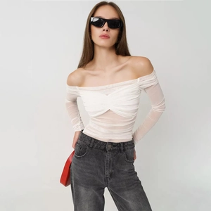 Sexy off-shoulder white mesh long sleeve top with crossover twist front and ruched sleeves