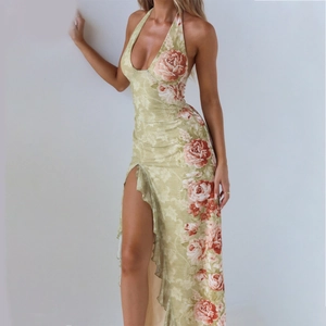 Sexy Halter Neck Backless Floral Print Maxi Dress High Split Ruffle V-Neck Slim Fit Spring Summer Women Party Dress