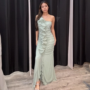 Sexy one shoulder sage green maxi dress with layered ruffles and ruched bodycon fit