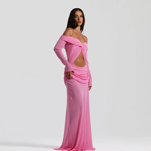 Pink off-shoulder cutout maxi dress with long sleeves and elegant ruched details