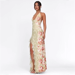 Halter neck backless floral maxi dress with high slit and ruffle trim for summer vacation