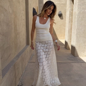Women's Sexy Lace Maxi Skirt High Waist Slim Fit Hollow Out Perspective Floral Lace Long Skirt Summer Beach Vacation