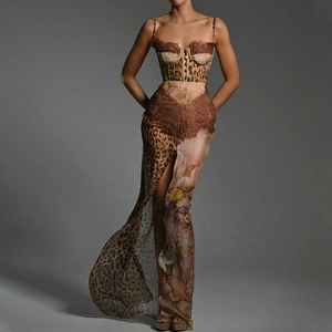 Detailed corset top with leopard print and lace trim on a stylish summer dress