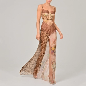 Women Sexy Leopard Print Patchwork Slip Maxi Dress Baroque Lace Corset High Slit Backless Summer Party Club Long Dress