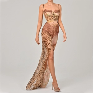 Sexy leopard print chiffon maxi dress with lace corset and high side slit detail
