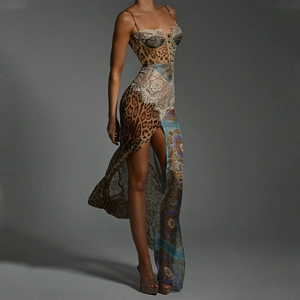 Sexy leopard print and blue floral chiffon slit maxi dress with lace corset bodice