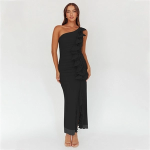 Close-up of ruched black one-shoulder evening dress with elegant side ruffle detailing