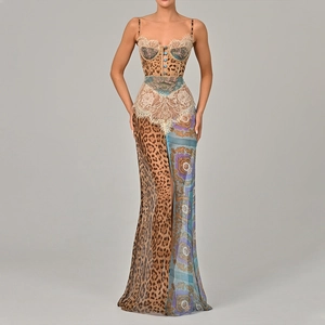 Detail of floral chiffon dress showing lace trim, leopard print, and buttoned corset top