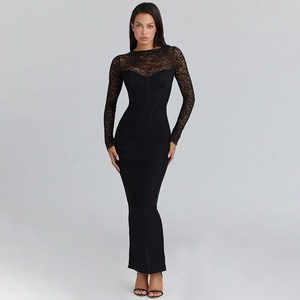 Vestito Maxi Donna Sexy Patchwork Pizzo Rete Elegante Aderente Manica Lunga Girocollo Schiena Scoperta Bodycon Sera