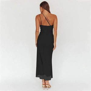 Elegant slim-fit black one-shoulder maxi dress with a sleek back zipper and ruched detail