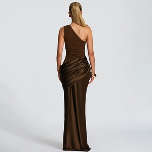 Detail of coffee satin拼接 mermaid dress featuring pleated waist and open shoulder back