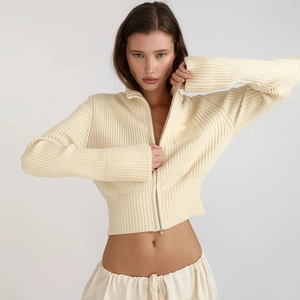 Women Ribbed Knit Sweater Full Zip High Neck Slim Fit Cropped Cardigan Long Sleeve Top Casual Streetwear Outwear For Lady