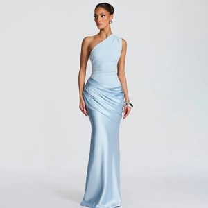 Detail of the elegant draped baby blue satin fabric on this one-shoulder fishtail dress