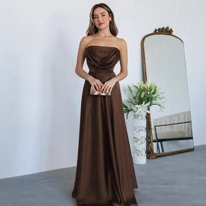 Elegant dark brown strapless satin evening gown with a cowl neck and flowing floor-length hem