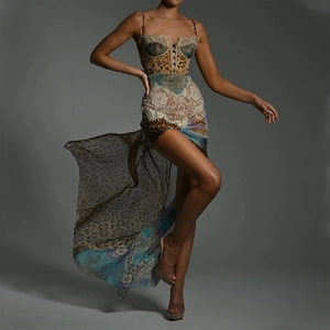 Sexy leopard and lace corset maxi dress with high slit and floral chiffon patchwork