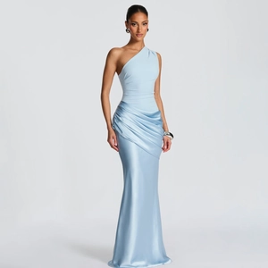 Elegant one-shoulder light blue maxi dress with satin mermaid hem and draped details