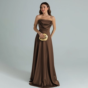 Close-up of the elegant cowl neck draping on a brown satin strapless evening gown