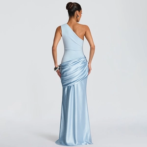 Elegant one-shoulder satin patchwork mermaid dress in light blue with ruffled details