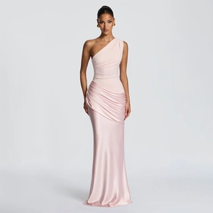 Detail of elegant one-shoulder satin dress featuring sophisticated draping and pleats